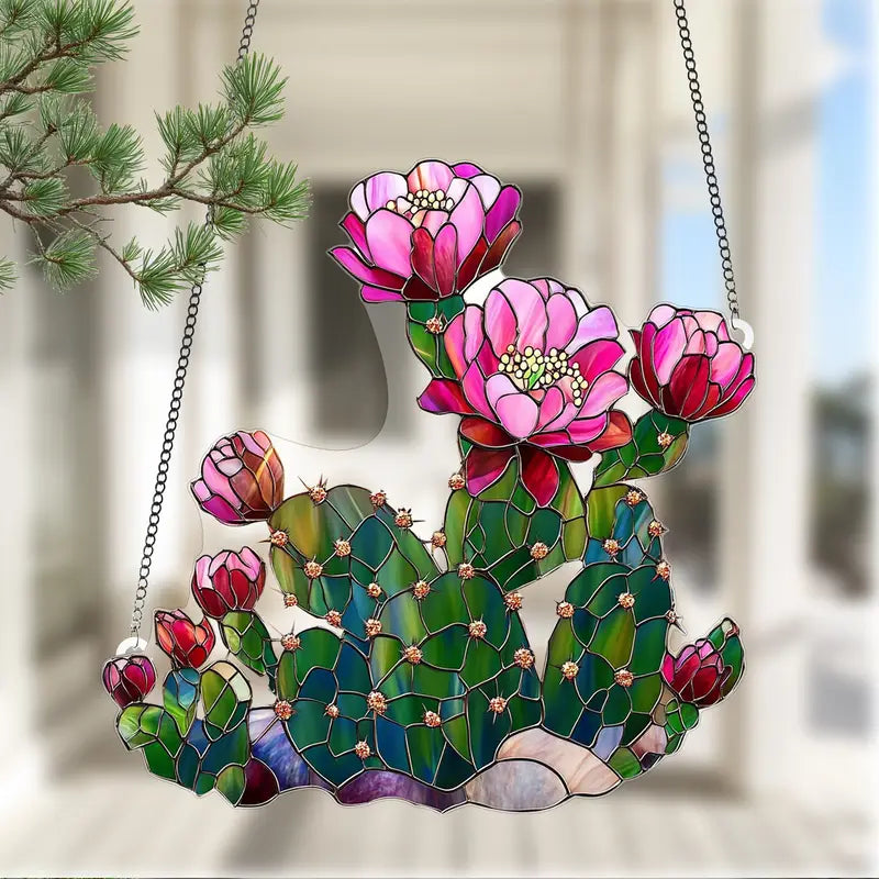 Art Deco Cactus Flower Stained Acrylic Suncatcher