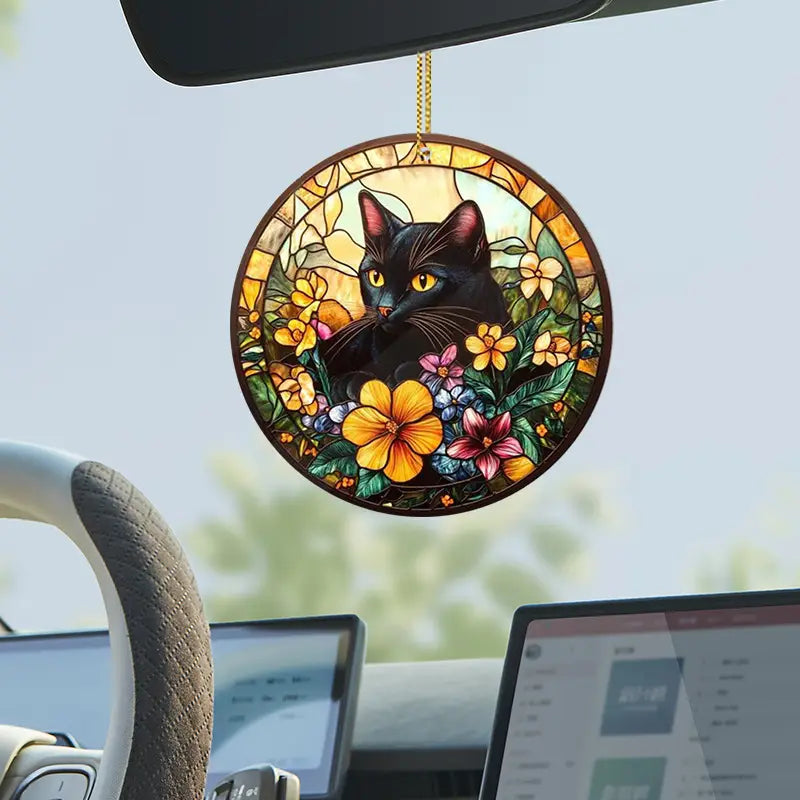 Black Cat & Flower Stained Acrylic Suncatcher