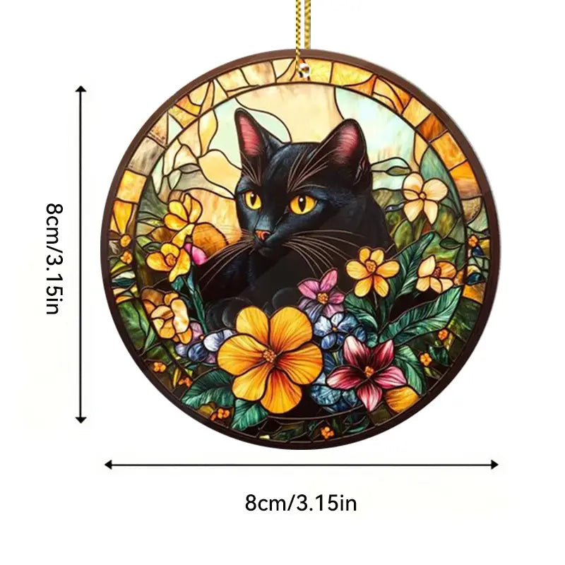 Black Cat & Flower Stained Acrylic Suncatcher