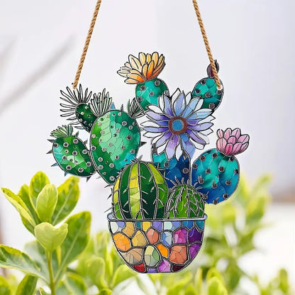 Boho Style Cactus Planter Stained Acrylic Suncatcher