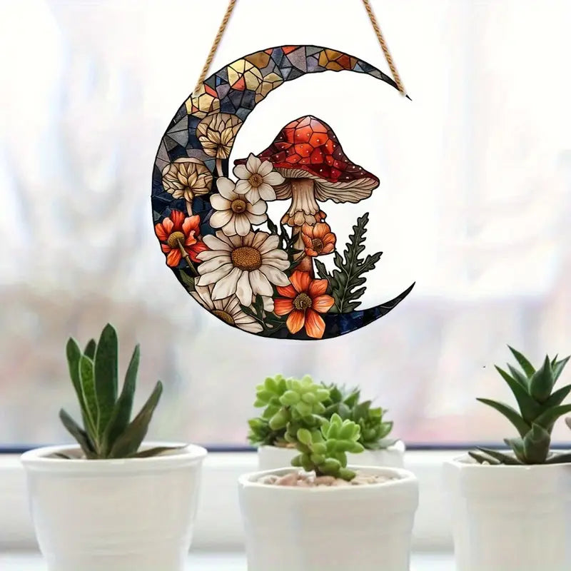 Moonlit Mushroom & Floral Stained Acrylic Suncatcher