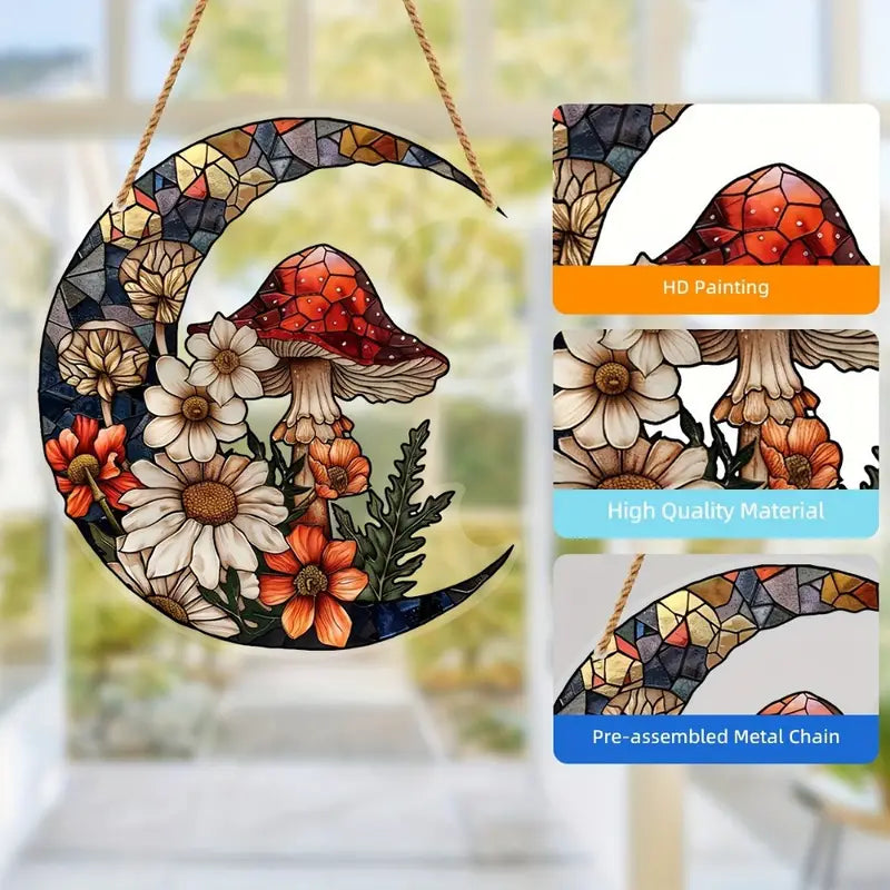 Moonlit Mushroom & Floral Stained Acrylic Suncatcher