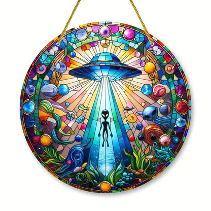 Vibrant UFO & Alien Stained Acrylic Suncatcher